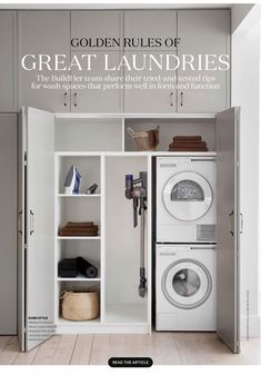 the front cover of a magazine with laundry and dryer in white cabinetry next to washer and dryer