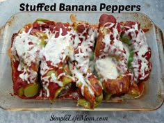 stuffed banana peppers in a glass baking dish