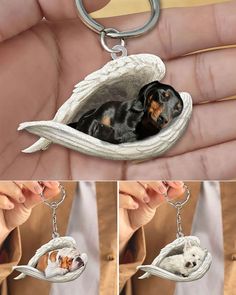 two pictures of a dog in a hammock keychain and another photo of a puppy inside the hammock