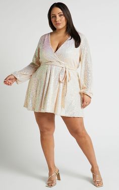 Three Of Us Mini Dress - Long Sleeve Wrap Dress in White Sequin Plus Bachelorette Outfit, Plus Size Engagement Dress, Fun White Dress, Winter Formal Dresses Short, Reception Dress Ideas, Reception Dress Short, Holiday Cocktail Dress, White Christmas Party, Bridal Shower Inspo