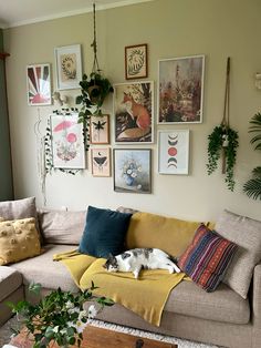 a living room filled with furniture and lots of pictures on the wall above it's couch