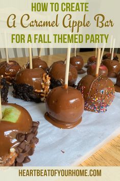 caramel apple bar for a fall themed party with text overlay that reads how to create a caramel apple bar for a fall themed party