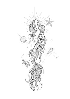 a drawing of a mermaid with fish and starfishs on her back, in black and white