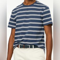 This J.Crew Striped T-Shirt Is Classic Casual Cool. Wear This With Jeans, Pants Or Shorts And Enjoy A Comfortable Pulled Together Look. Versatile And Timeless. Great For Spring And Summer. Size: Large Slight Slim Fit Colors: Navy Blue & White Rib Trim At Collar 100% Cotton Machine Wash Nwt, Never Worn, No Flaws Message Me With Any Questions. Fast Shipping - Same Or Next Business Day. Casual Navy Summer T-shirt, Navy Cotton T-shirt For Spring, Casual Striped Crew Neck Shirt, Navy Crew Neck T-shirt For Spring, Navy Crew Neck Shirt For Spring, Navy Casual Crew Neck Top, Spring Navy Crew Neck Shirt, Casual Navy Crew Neck Top, Casual Navy T-shirt For Everyday