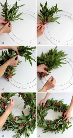 step by step instructions on how to make a christmas wreath with greenery and berries