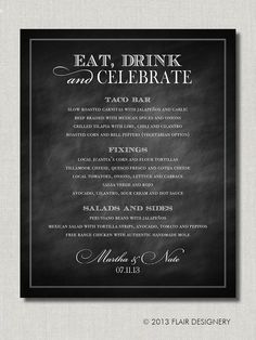 a black and white menu for a wedding with chalkboard lettering on the front, in an ornate frame