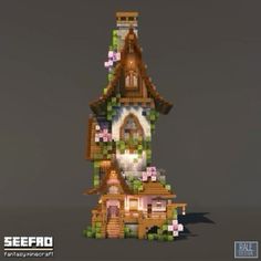 a small house made out of wood with flowers growing on the roof and around it