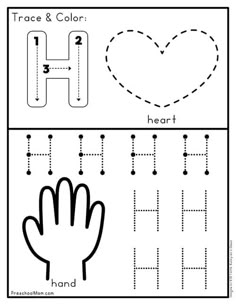 trace and color worksheet for kids with the letter h in black and white