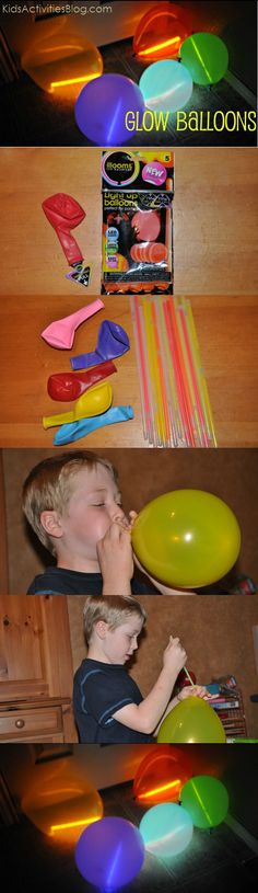 there are two pictures with different colored balloons and one has a boy blowing the balloon