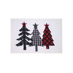 three christmas trees on a white background with red, black and green plaid stars in the center