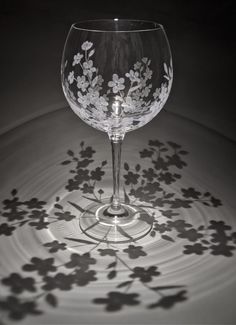 a wine glass sitting on top of a table next to a shadow of leaves and flowers