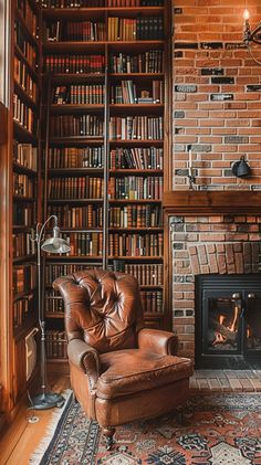 a chair in front of a fireplace with lots of books on the shelves behind it