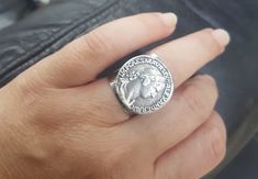 "♦ A large adjustable coin ring, made of matte silver-plated brass. size width: 0.78\"(2cm) diameter is 0.78\"/2 cm - Adjustable ring. ♦ This piece of jewelry is perfect as a gift for yourself, for a wedding day, Valentine's day or a birthday. If you're interested in sending a gift to a third party, just write your message to the recipient and I will do so with joy. ♦ The jewel will be sent by registered mail (to some countries also includes a tracking number), more information in the F&Q. ♦ Coin Rings Women, Rings Women Silver, Rocker Rings, Delicate Layered Necklace, Gold Coin Ring, Silver Coin Ring, Coin Rings, Chic Rings, Pendant Ring