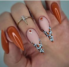 Simple Stiletto Nail Designs, Animal Print Tip Nails, Orange Animal Print Nails, Animal Print Nails Art, Sassy Nails, Diva Nails, Dope Nail Designs