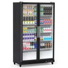 an image of a refrigerator with drinks and sodas in it's glass doors