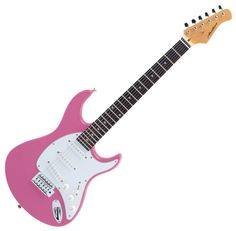 an electric guitar with a pink body and pick - up style fretset, on a white background