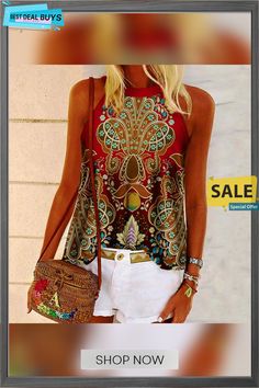 Women's Blouse Tank Top Red Blue Green Geometric Sleeveless Daily Boho Round Neck M Sleeveless Multicolor Summer Blouse, Multicolor Summer Vest, Multicolor Sleeveless Vest Blouse, Bohemian Style Sleeveless Multicolor Blouse, Red Sleeveless Summer Tops, Red Sleeveless Top For Summer, Red Vest Top For Summer, Multicolor Sleeveless Blouse With Vest Detail, Summer Bohemian Tank Blouse