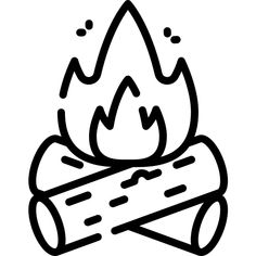 a black and white drawing of a campfire with logs in the foreground, on a white background