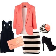 Saia Work Attire Women, Rok Outfit, Stile Casual Chic, Outfit Suit, Pink Suit, Striped Skirt, Outfit Trends, A Skirt, Stripe Skirt