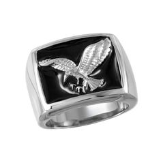 For a unique look, this men's stainless steel eagle ring is a great choice. Width: 7 mm. Plating: silver tone Base metal: stainless steel Finish: polished Ring whole sizes 9-12 Packaging: boxed Gift Givers: This item ships in its original packaging. If intended as a gift, the packaging may reveal the contents. Size: 11. Color: White. Gender: male. Age Group: adult. Black Jewelry Rings, Eagle Ring, Vintage Style Rings, Stainless Steel Polish, An Eagle, Silver Box, Men's Jewelry Rings, Jewelry Ring Box, Black Jewelry