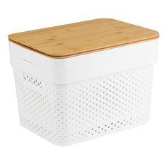 a white plastic container with a wooden lid