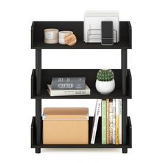 a book shelf with books, magazines and other items on it in front of a white background