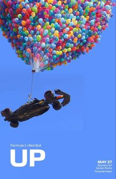 a poster for the movie up with a car and balloons floating in the sky above it