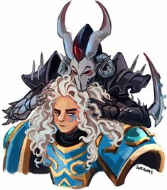 an image of a male character with horns on his head and long white hair, wearing armor