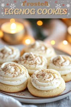 frosted eggnog cookies on a plate with candles in the background and text overlay