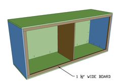 the side view of a green and blue storage cabinet with measurements for each door open