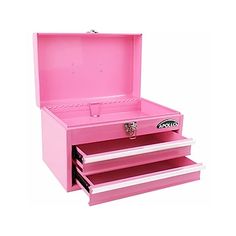 a pink tool box with three drawers on the bottom and one drawer open to show it's contents