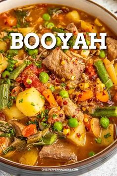 a bowl filled with meat and vegetables next to the words booyah on it