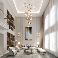 an elegant living room with white furniture and chandelier hanging from the ceiling above