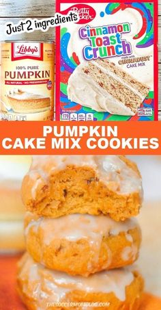 pumpkin cake mix cookies are stacked on top of each other with the same frosting