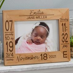 Engraved with baby's name and birth info in choice of font Top quality, natural wood frame features easel back design for table top display, or ready for wall mount5" x 7" photo opening with glass insertFrame measures 9 3/4" x 7 3/4" overallWood grain will vary, so not all frames will look identicalImported When only the most precious frame will do to showcase their photo debut, choose our Baby Birth Information Personalized Wood Picture Frame. Birthday Certificate, Baby Picture Frames, Personalized Picture Frames, Gift Card Number, Birth Details, Personalized Stockings, Personalised Frames, Wooden Picture Frames, Wooden Picture