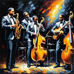 three men in suits and ties playing instruments