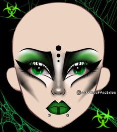 #tradgoth #cybergoth #greengoth #gothmakeup #cybergothmakeup Green Trad Goth Makeup, Green Goth Makeup Looks, Green Goth Makeup, Cybergoth Makeup, Green Goth, Corpse Paint, Space Makeup