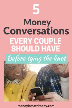 a man and woman texting 5 money conversations every couple should have before trying the knott