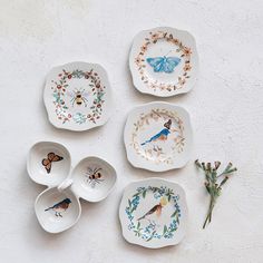 six plates with birds and flowers painted on them