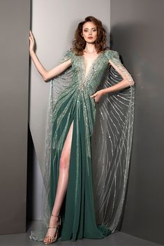 Crystal beaded high slit dress with cape Tarik Ediz Dresses 2023, Ziad Nakad, Dress With Cape, Fantasy Dresses, Fantasy Dress, Cape Dress, Mode Inspiration, Beautiful Gowns, Couture Dresses