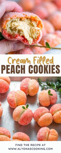 a person holding a piece of bread with peaches on it and the words cream filled peach cookies