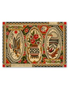 an intricately designed wall hanging with birds and flowers on it's border,