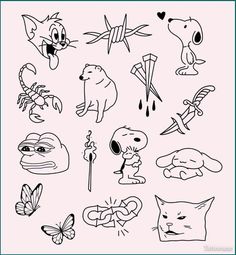 some cartoon animals and birds on a pink background