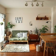 a living room filled with furniture and plants