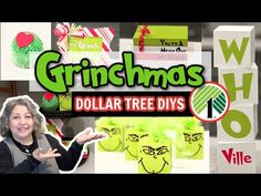 a woman standing in front of a display of christmas decorations and paper machs with the words grinmas dollar tree diys