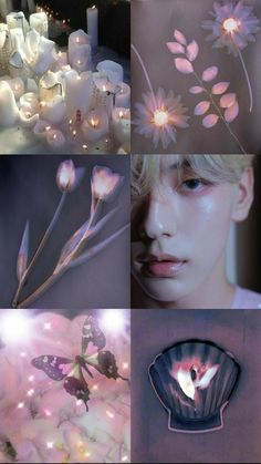 a collage of photos with flowers, candles and butterflies on them in pink tones