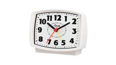 a white square clock with red hands and numbers on the face is shown against a white background