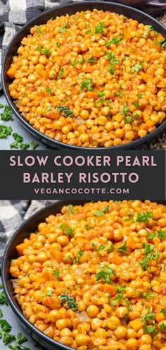 two images showing how to make slow cooker pearl barley risotto with parsley