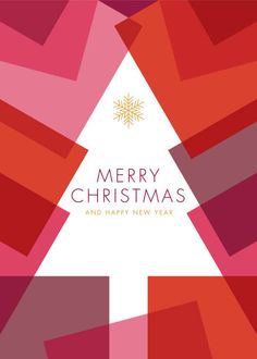 merry christmas and happy new year greeting card with abstract shapes in red, pink and purple