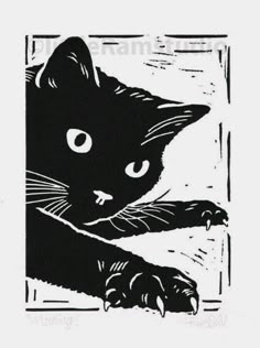 a black and white drawing of a cat with its paw on the edge of a piece of paper